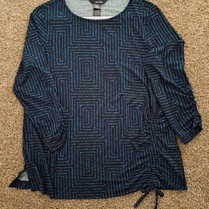 Ali Miles Stretch Abstract Printed Crew Neck 3/4 Ruched Sleeve Top - S